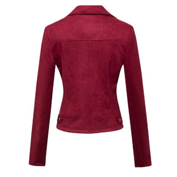 Burgundy (Faux) Suede Moto Jacket.  Red Motorcycle Jacket S. NWT. Express. - Picture 3 of 9